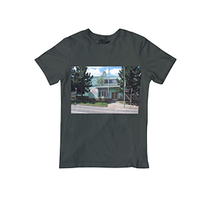 gray t-shirt with Zingis Radiolata blue building mockup.